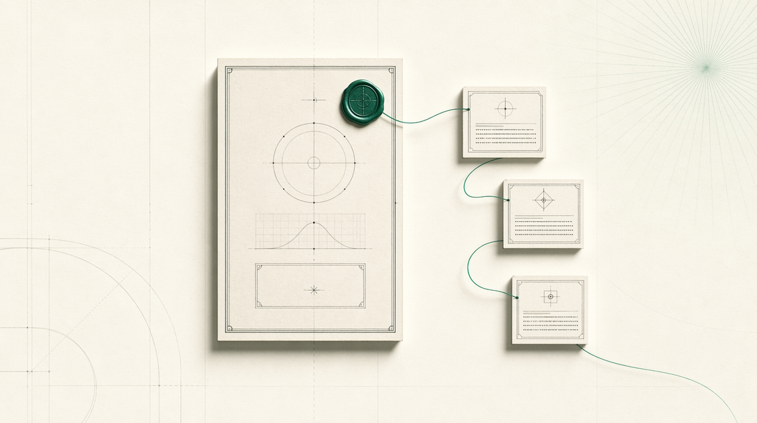 A certificate of attestation sealed with an emerald wax-seal, threaded to smaller proof cards — Benchlist's commitment chain visualized